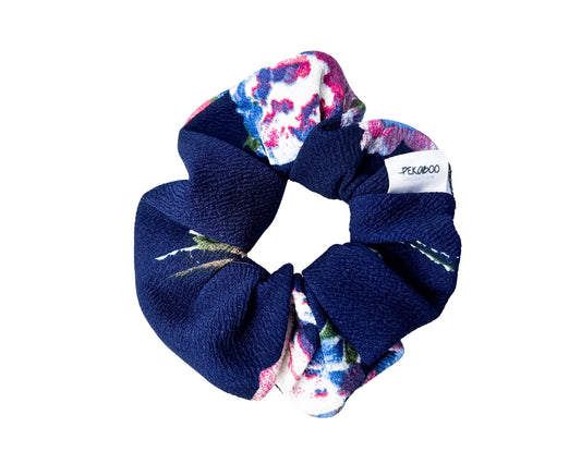 Chouchou élastique pour cheveux - Crêpe lycra fleuri marine