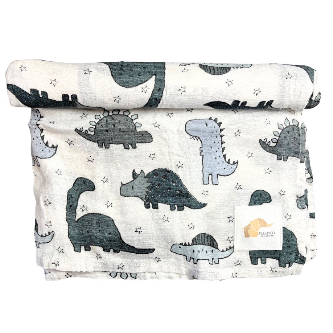 Couverture mousseline de bambou - Dinosaures gris et bleu