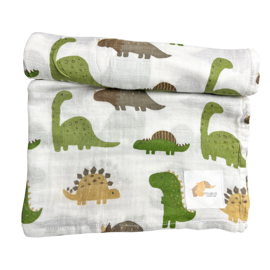 Couverture mousseline de bambou - Dinosaures vert safari et beige