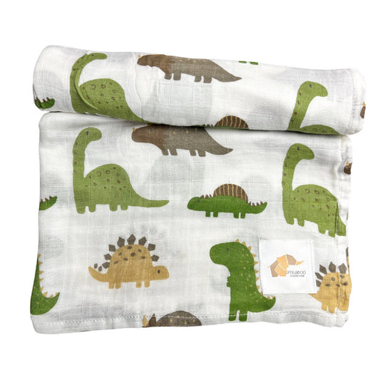 Couverture mousseline de bambou - Dinosaures vert safari et beige