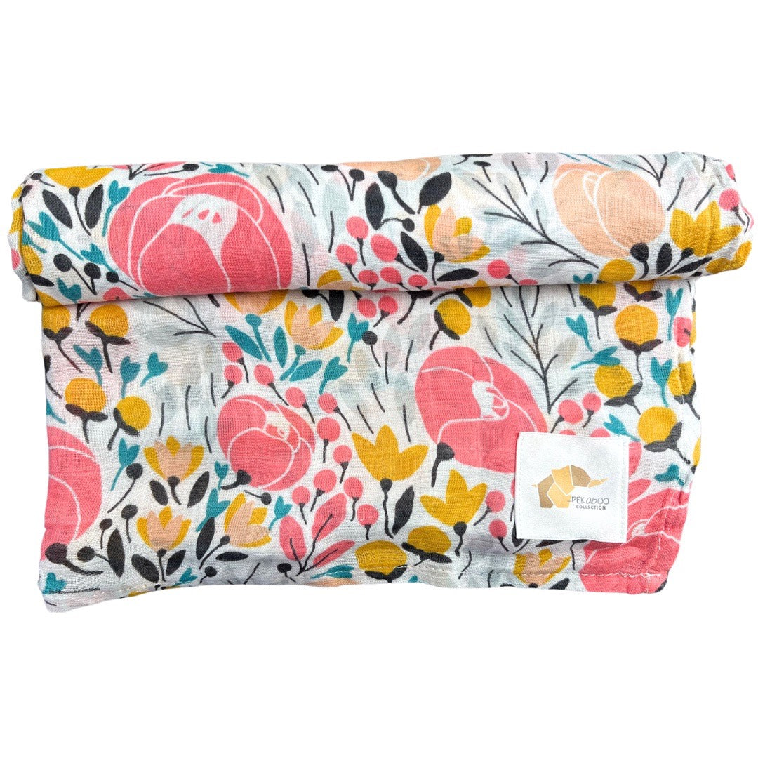 Couverture mousseline de coton - Fleuri rose jaune et bleu