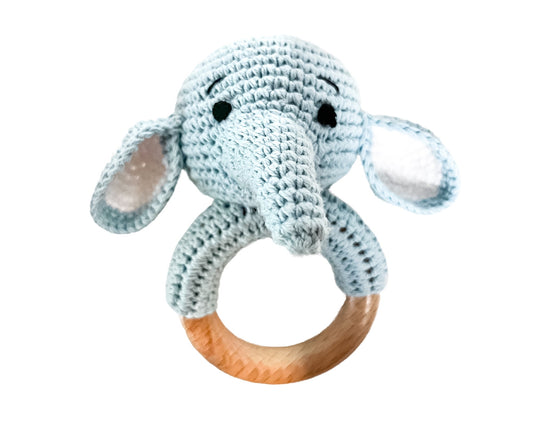 Hochet bois et crochet - Éléphant bleu