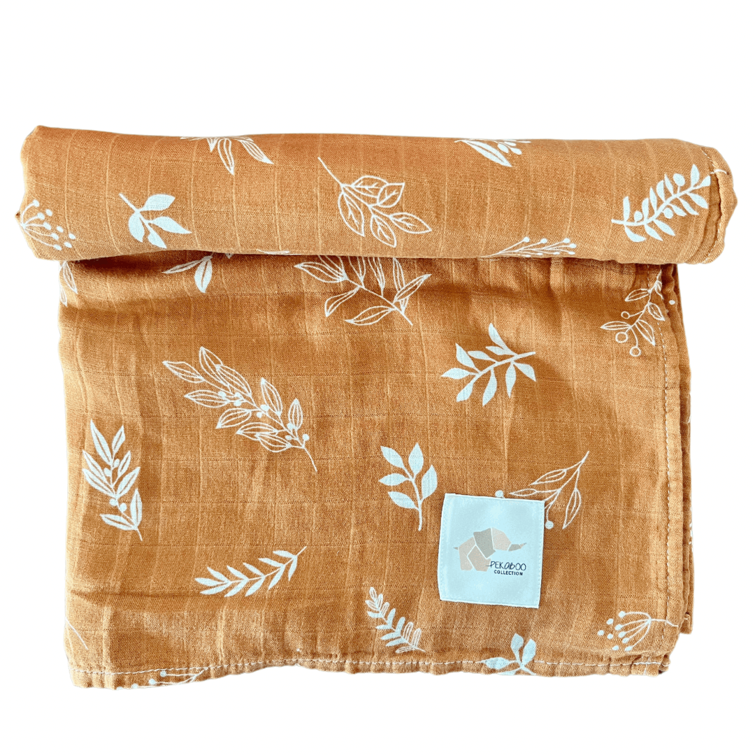 Couverture mousseline de bambou - Brun rouille feuilles blanches