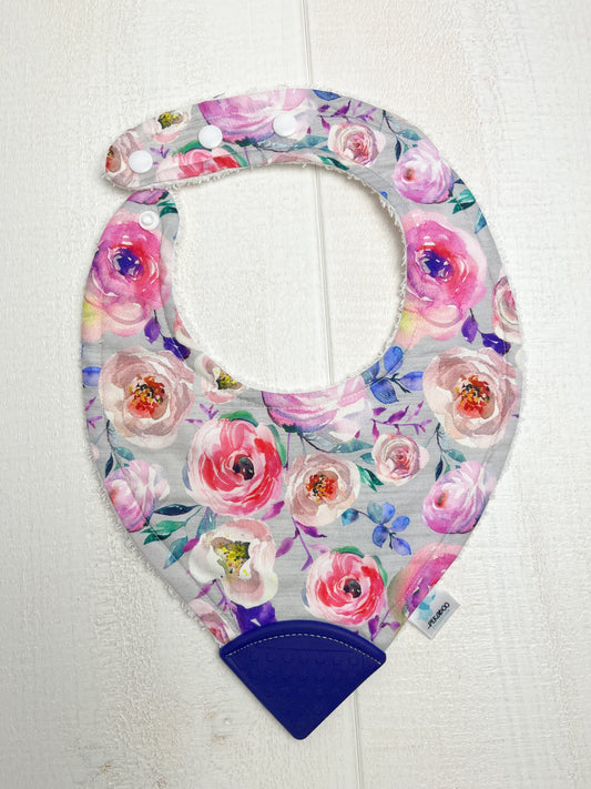 Bavoir dentition - Fleuri rose (plus grand que taille unique habituelle)