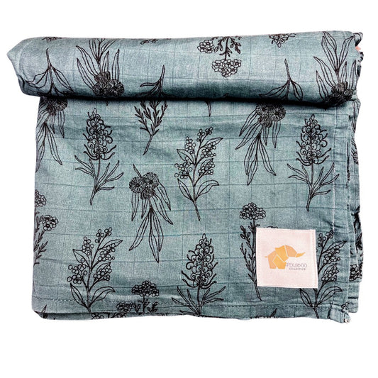 Couverture mousseline de bambou - Petits fruits et fleurs bleu gris