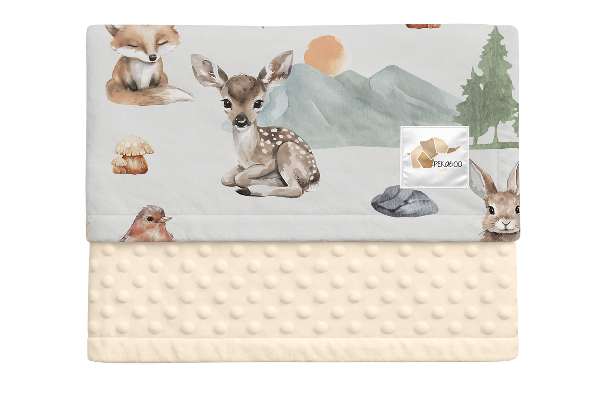 Couverture minky - Animaux nature sauge