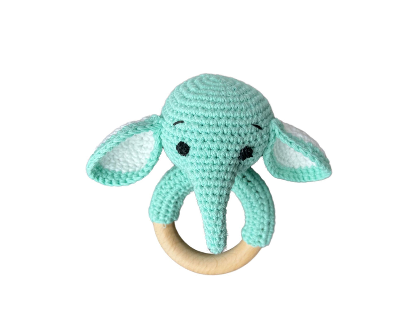 Hochet bois et crochet - Éléphant turquoise