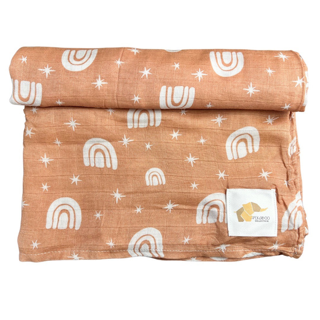 Couverture mousseline de bambou - Rainbow & stars beige rust