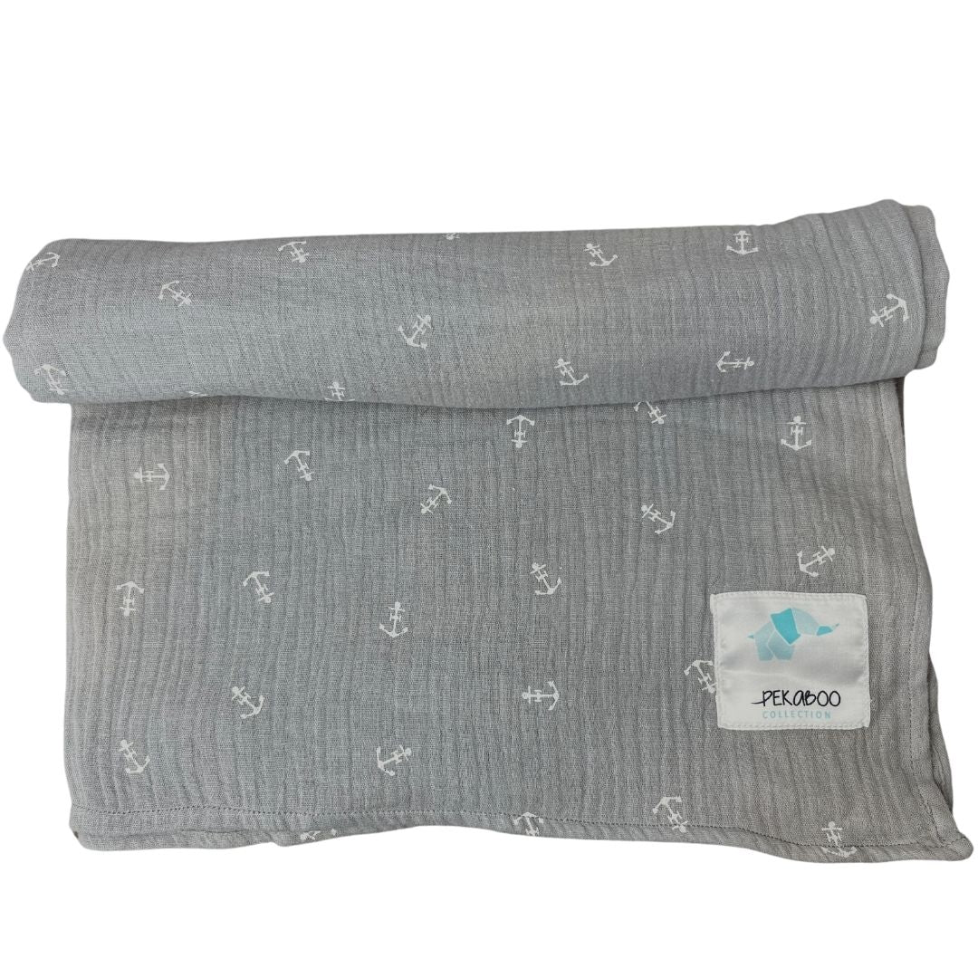 Couverture mousseline de coton  - Ancre gris