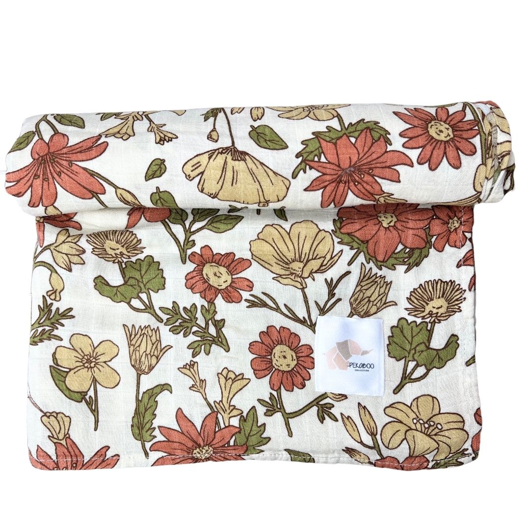 Couverture mousseline de bambou - Fleurs marguerites rust