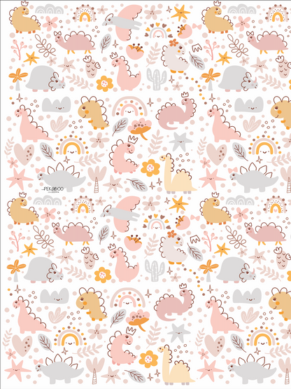Couverture minky - Dinos roses moutarde et arcs-en-ciel