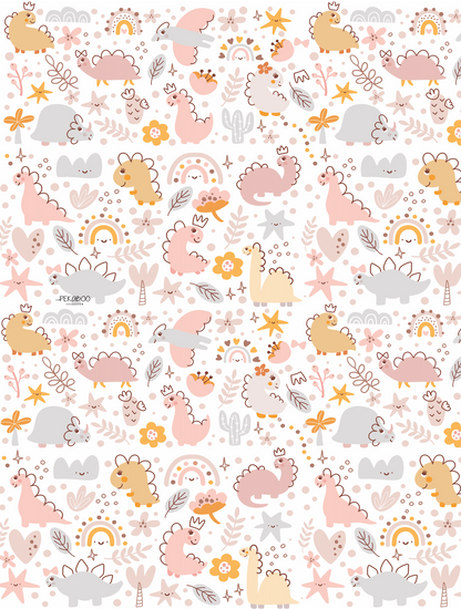 Couverture magiks - Dinos roses moutarde et arcs-en-ciel