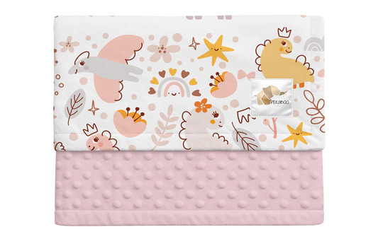Couverture minky - Dinos roses moutarde et arcs-en-ciel