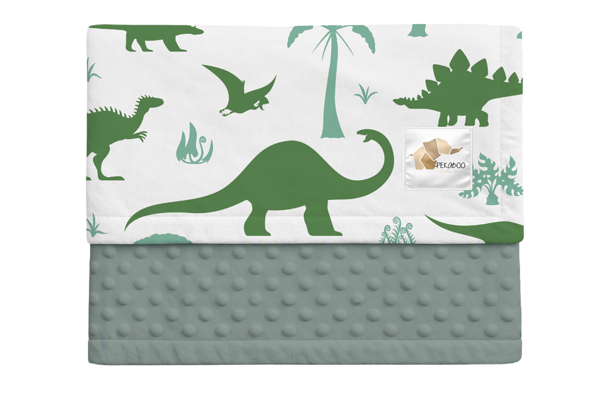Couverture minky - Dinos sauge et vert forêt
