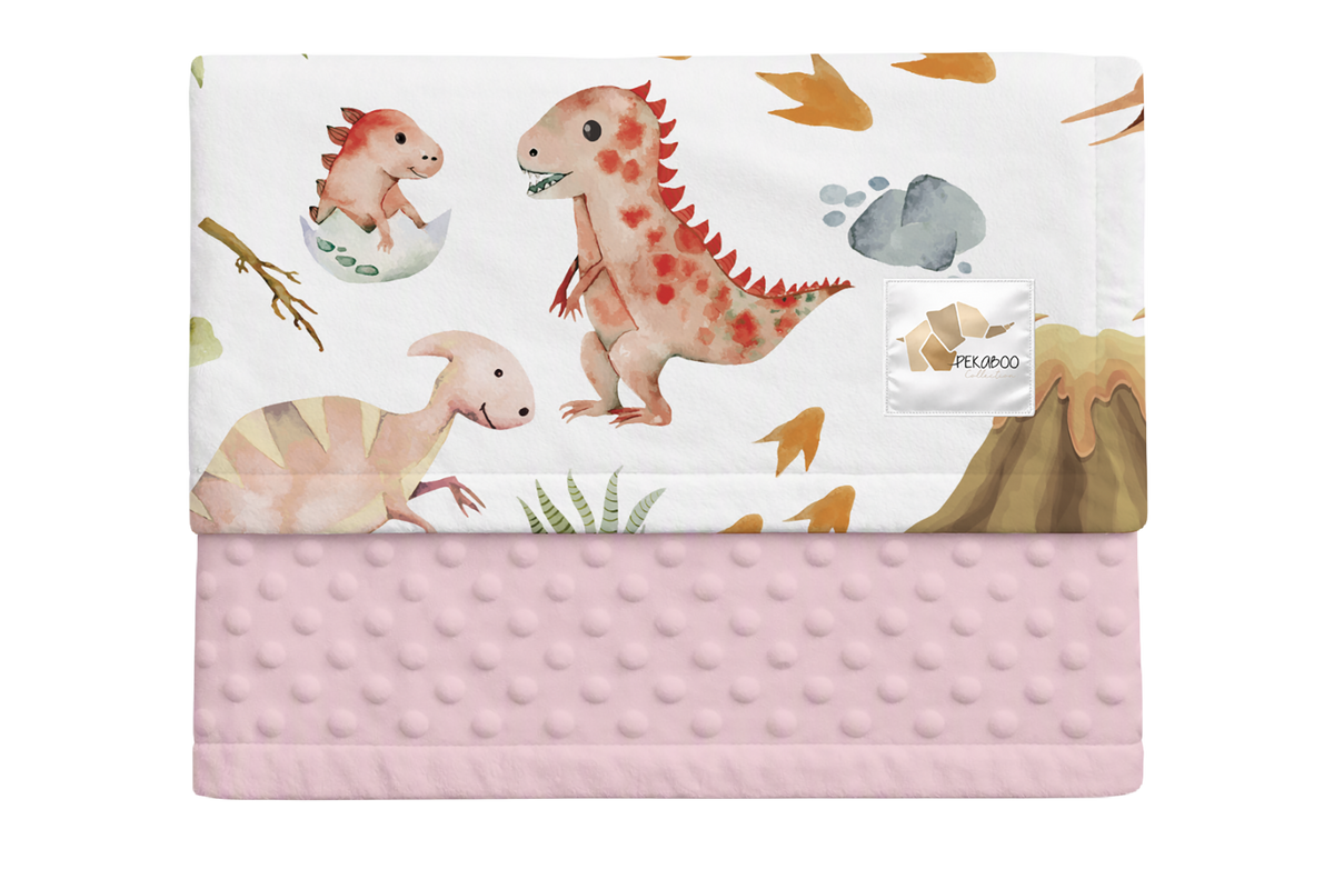 Couverture minky - Dinos et oeufs roses