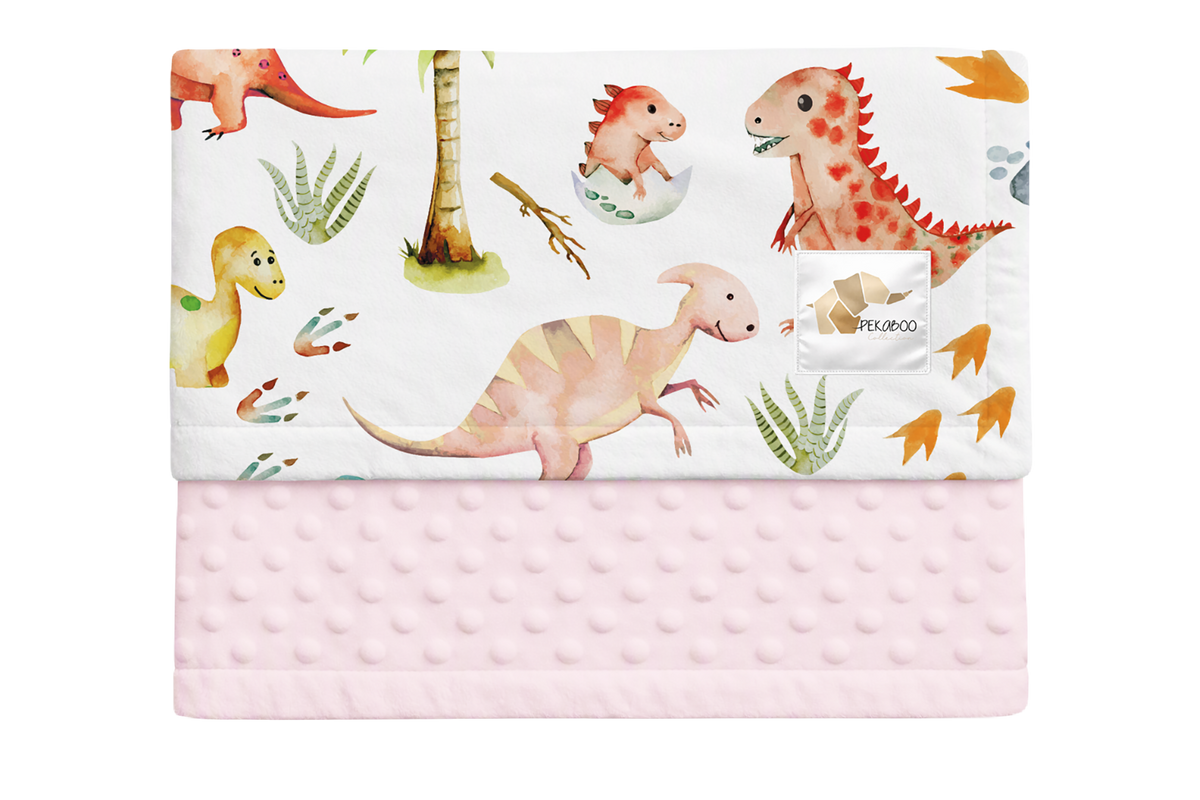 Couverture minky - Dinos et oeufs roses