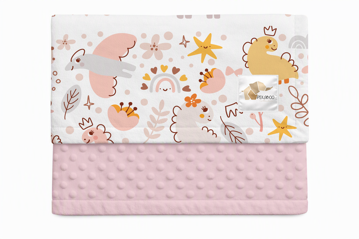 Couverture minky - Dinos roses moutarde et arcs-en-ciel