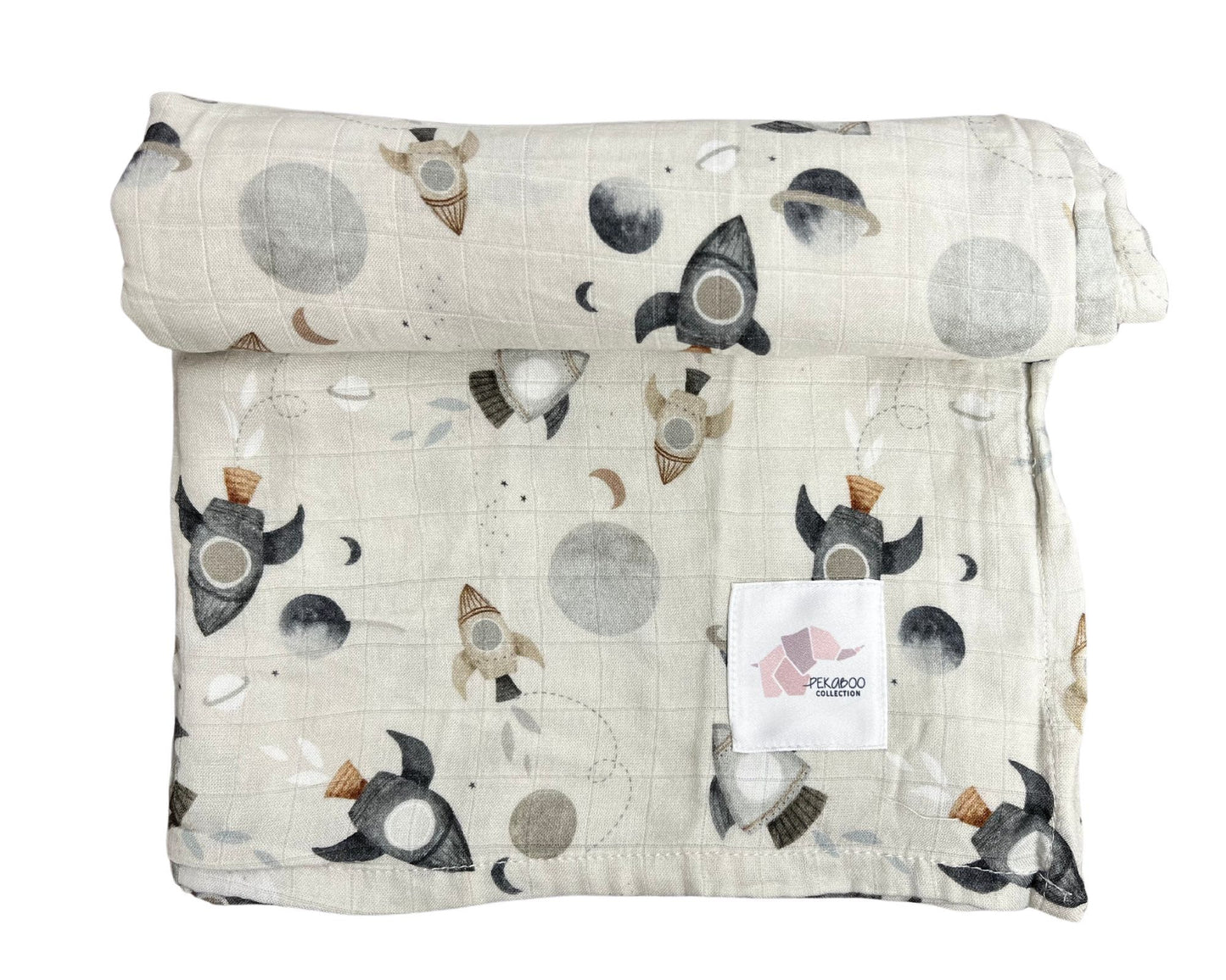 Couverture mousseline de bambou - Fusées beige et marine