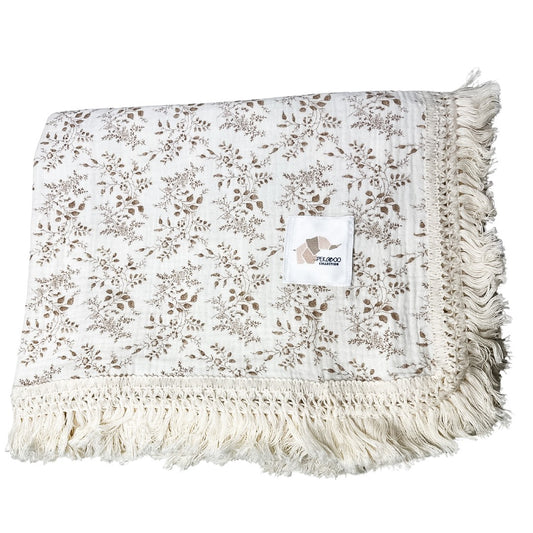 Couverture mousseline avec franges - Feuillus vintage beige