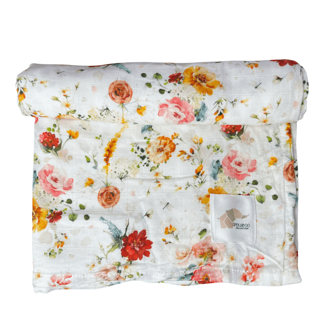 Couverture mousseline de bambou - Fleuri rose