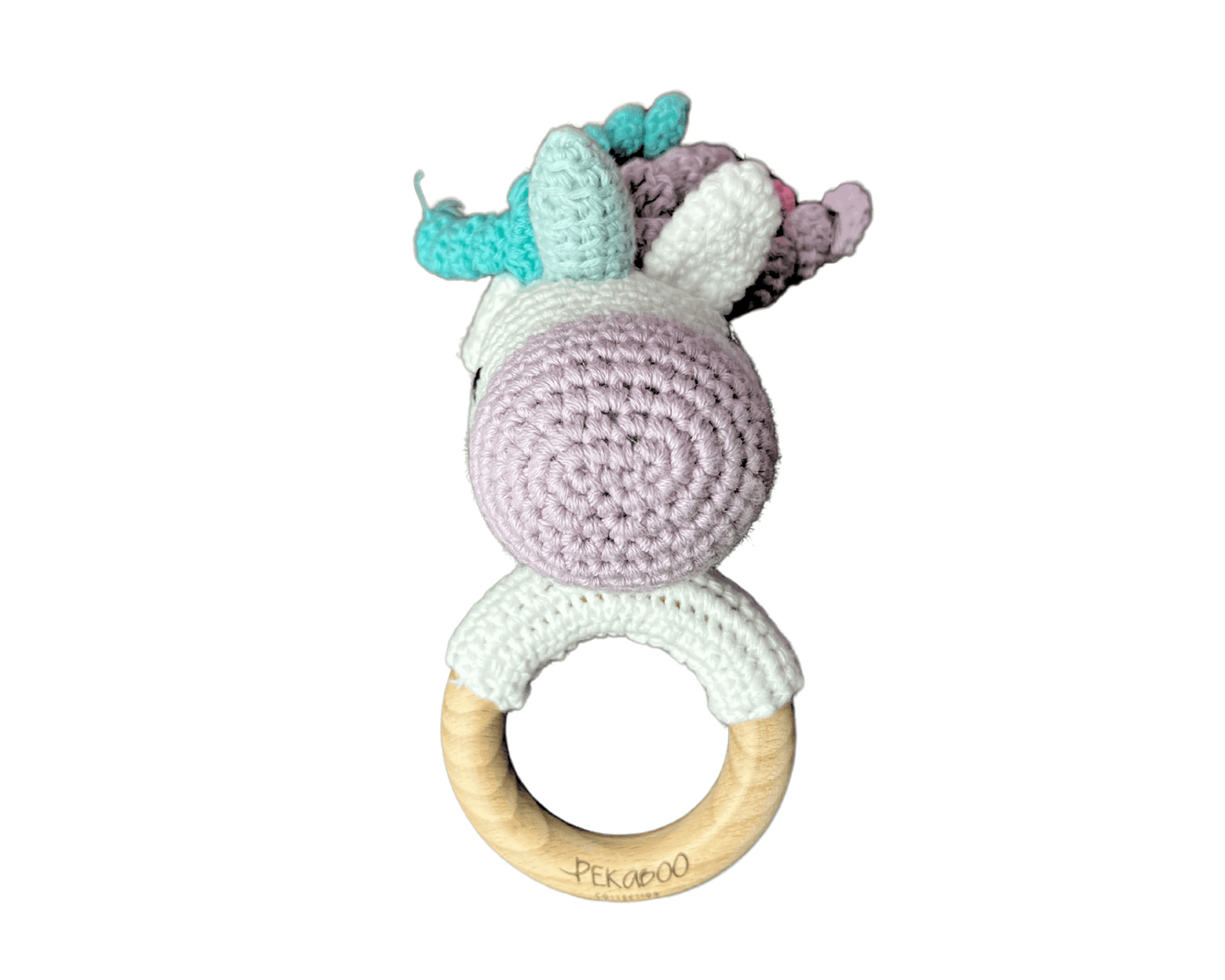 Hochet bois et crochet - Licorne mauve