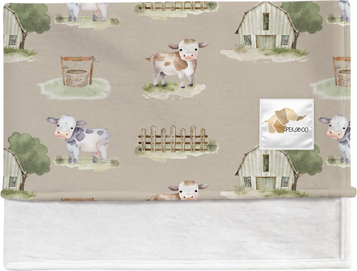 Couverture magiks - Fermes et vaches fond  taupe