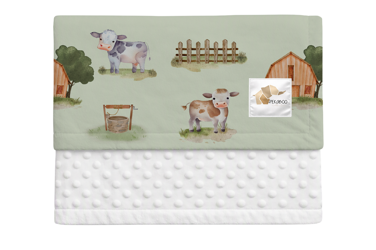 Couverture minky - Fermes et vaches sauge