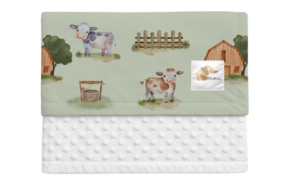 Couverture minky - Fermes et vaches sauge