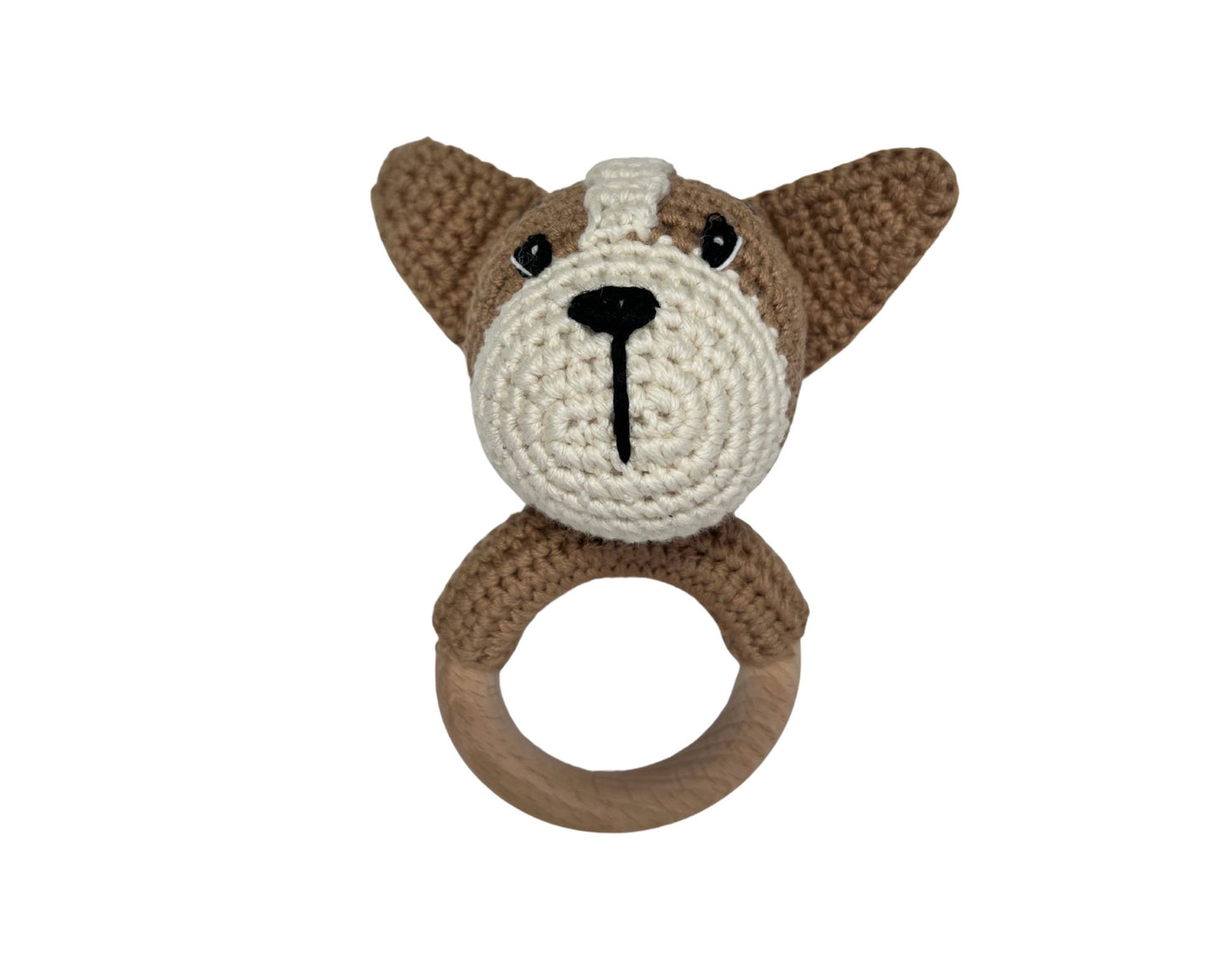 Hochet bois et crochet - Petit chien beige