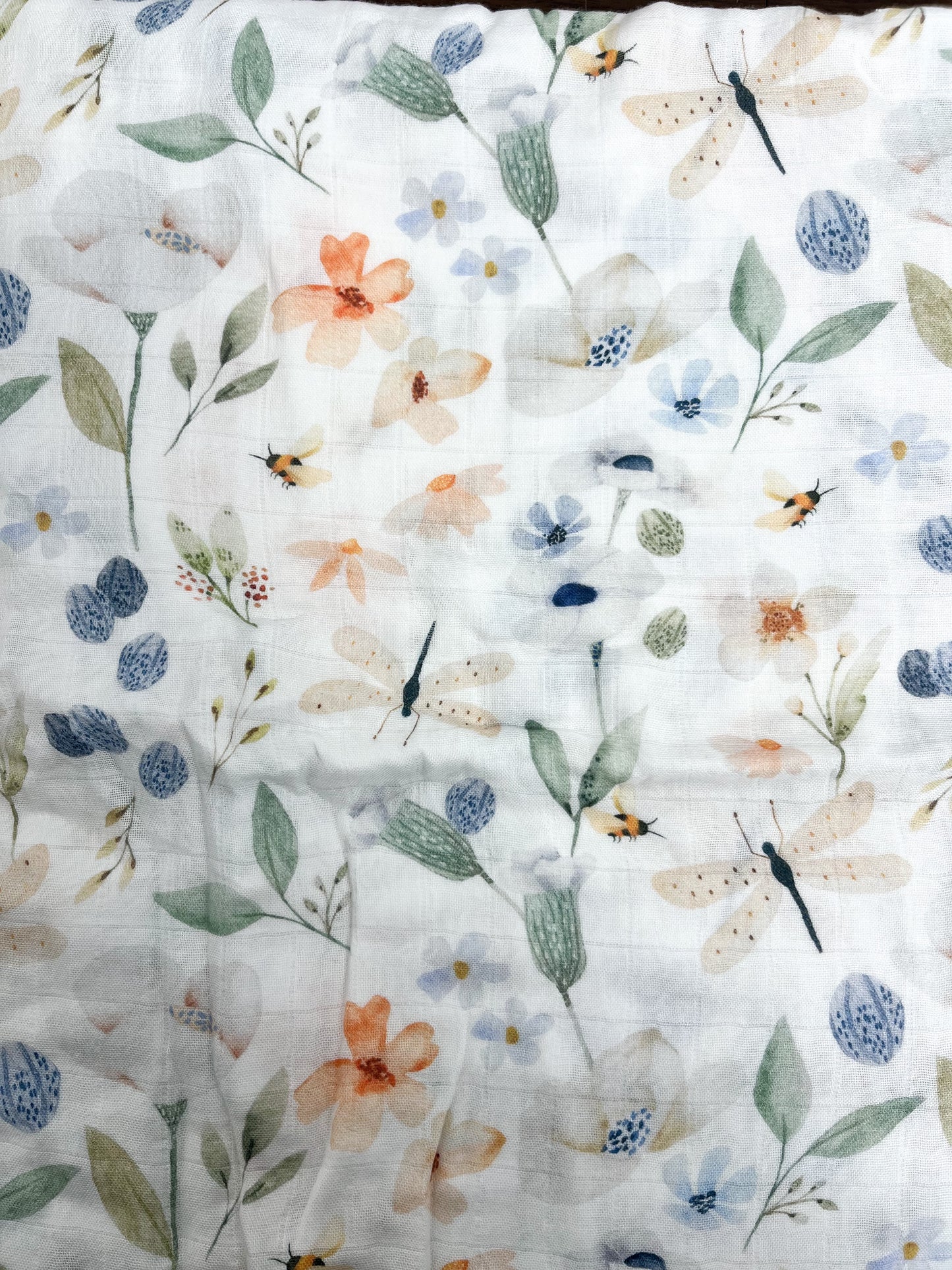 Couverture mousseline de bambou - Libellules et fleurs