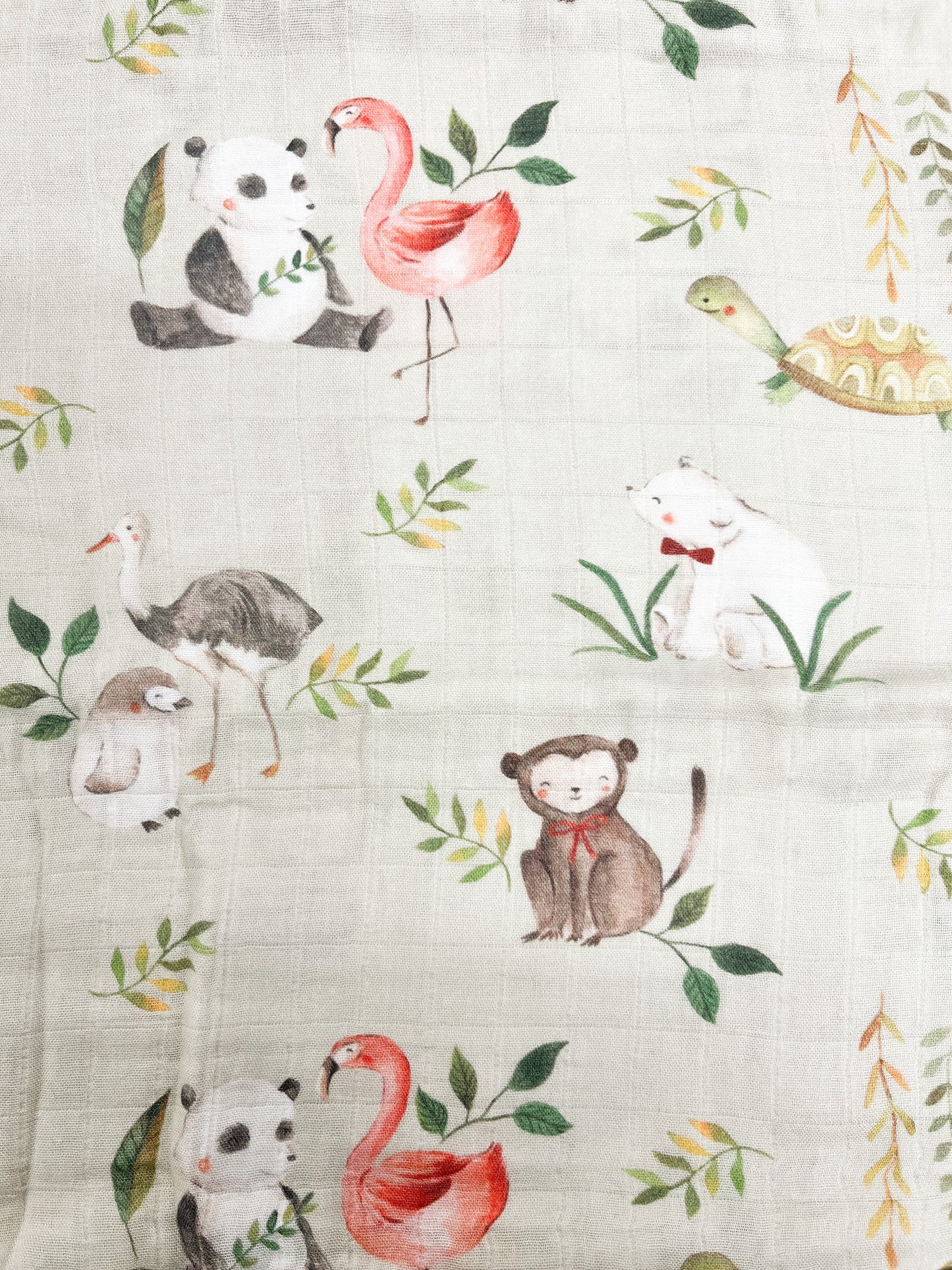 Couverture mousseline de bambou - Tortue flamants ours pandas canard sauge