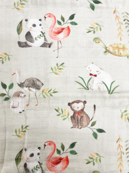 Couverture mousseline de bambou - Tortue flamants ours pandas canard sauge