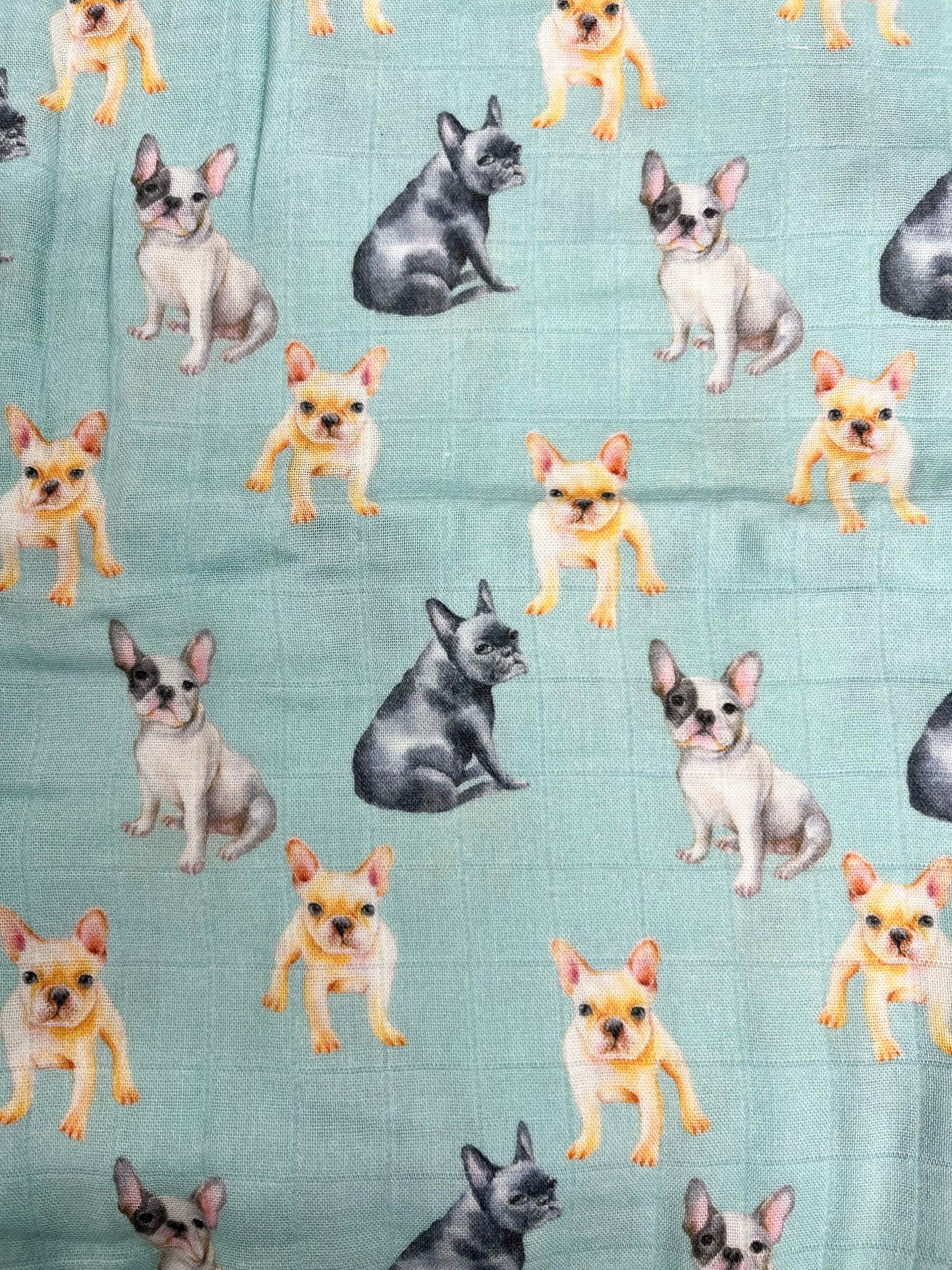Couverture mousseline de bambou - Bouledogue français turquoise
