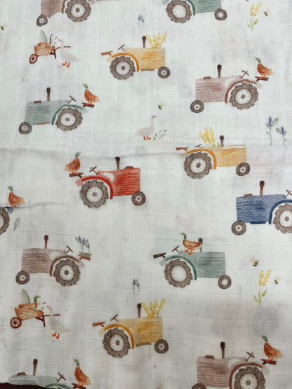 Couverture mousseline de bambou - Tracteurs vintages blanc