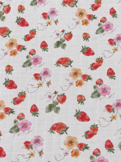 Couverture mousseline de bambou - Fraises et fleurs