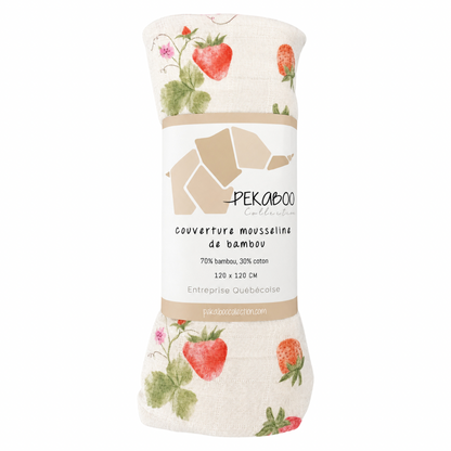 Couverture mousseline de bambou - Fraises et fleurs