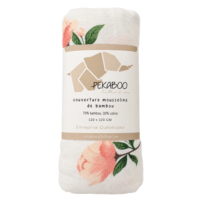 Couverture mousseline de bambou - Petite pivoine rosée