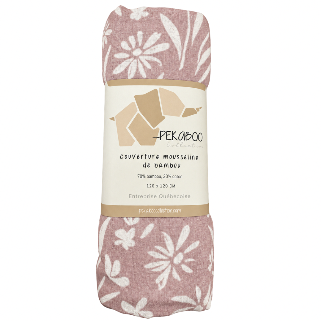Couverture mousseline de bambou - Douce floraison vieux rose