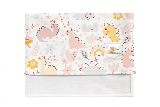Couverture magiks - Dinos roses moutarde et arcs-en-ciel
