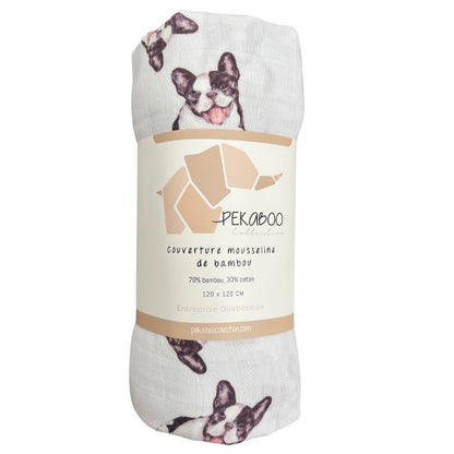 Couverture mousseline de bambou - Bouledogue Français noir & blanc