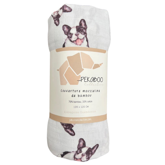 Couverture mousseline de bambou - Bouledogue Français noir & blanc