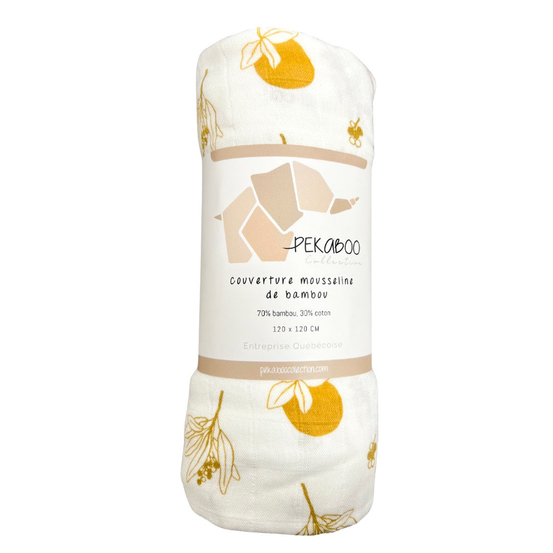 Couverture mousseline de bambou - Feuillage doré et fruit