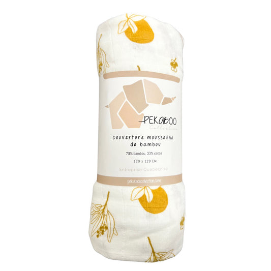Couverture mousseline de bambou - Feuillage doré et fruit