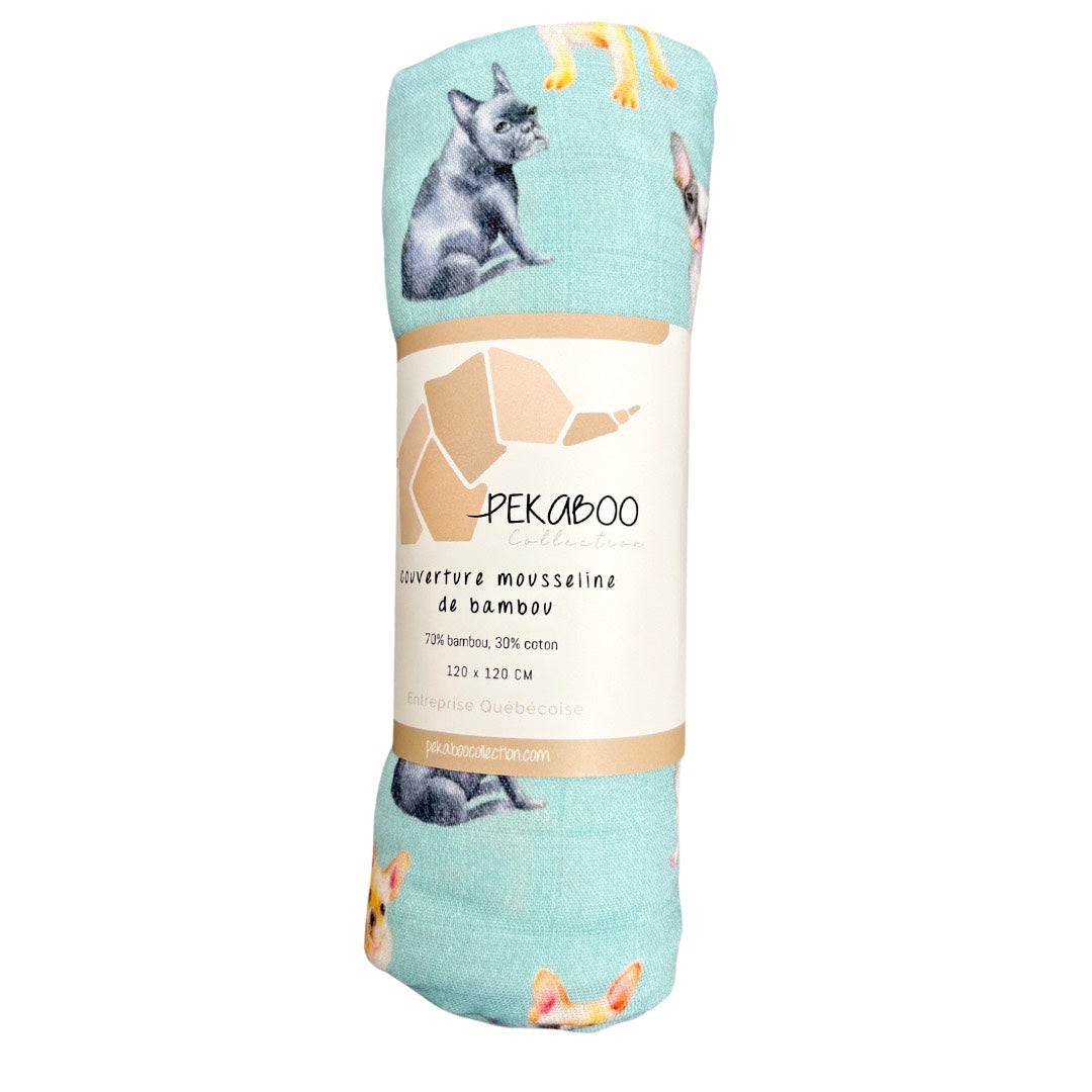 Couverture mousseline de bambou - Bouledogue français turquoise