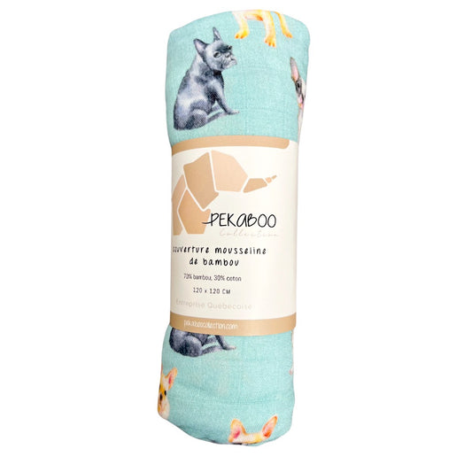Couverture mousseline de bambou - Bouledogue français turquoise