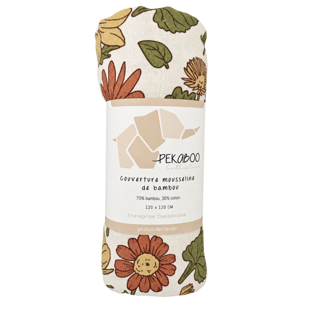 Couverture mousseline de bambou - Fleurs marguerites rust