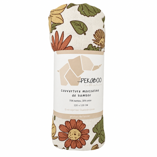 Couverture mousseline de bambou - Fleurs marguerites rust