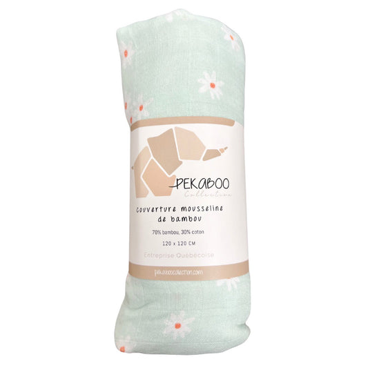 Couverture mousseline de bambou - Petites marguerites menthe