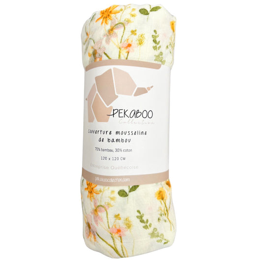 Couverture mousseline de bambou - Fleuri vintage beige