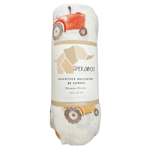 Couverture mousseline de bambou - Tracteurs vintages blanc
